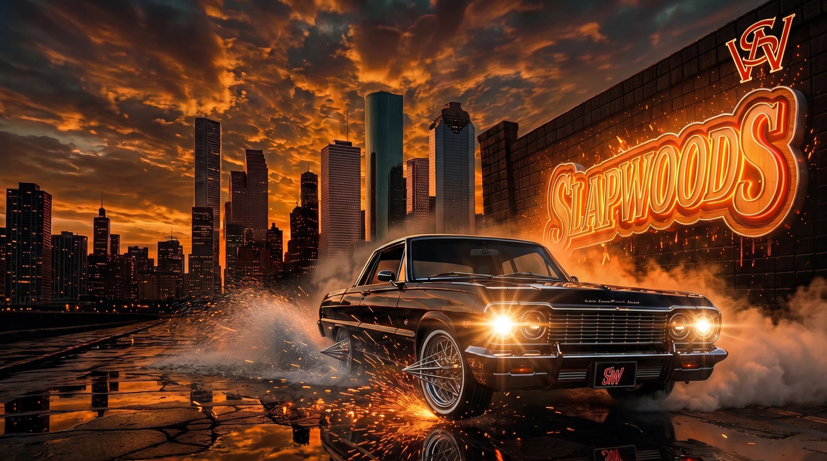 A black lowrider throwing sparks on wet asphalt, the Houston skyline behind it and the Slapwoods sign glowing on the wall